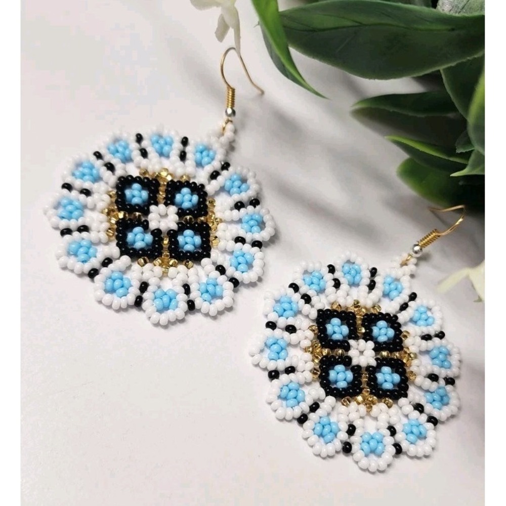 Handmade Huichol Beaded Earrings Flower Drop Dangle Blue White Color